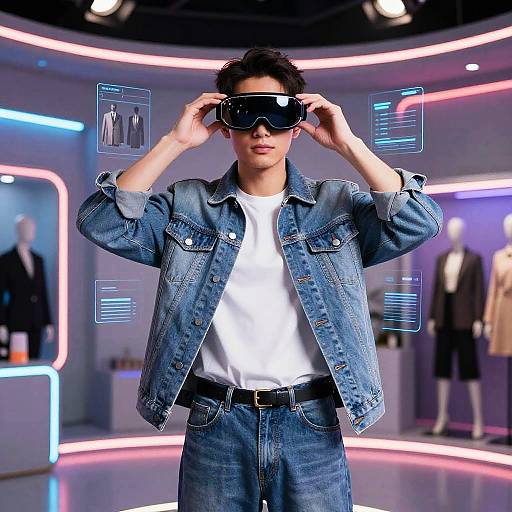 Man Using Augmented Reality Glasses for Virtual Outfit Change
