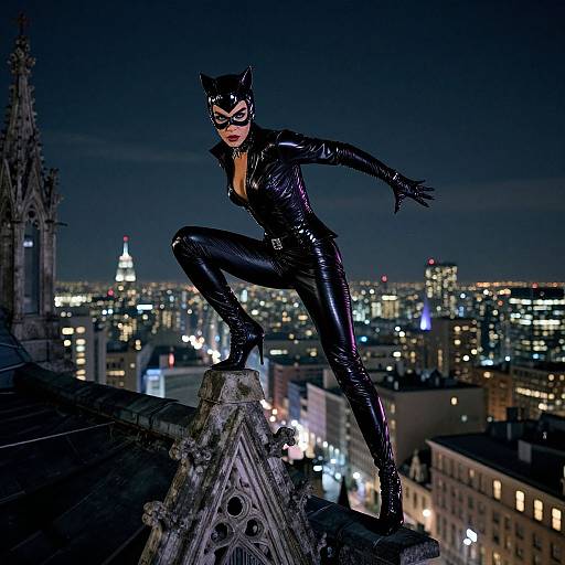 Photorealistic digital artwork of a catwoman in black latex suit and mask, crouching on a Gothic rooftop at night, overlooking a brightly lit