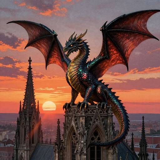 Digital artwork of a glowing, iridescent dragon with large red wings perched on a Gothic cathedral rooftop at sunset. The sky is painted with vibrant