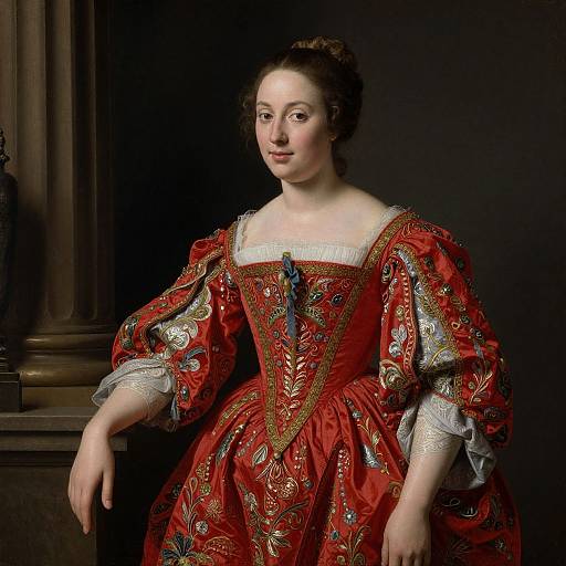 Photograph of a 17th-century European woman in an ornate red Renaissance dress with gold embroidery, standing against a dark background.