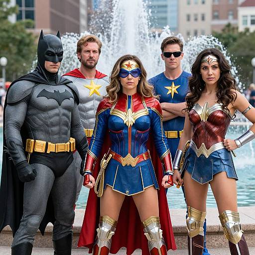 Photorealistic Superhero Group Near Fountain
