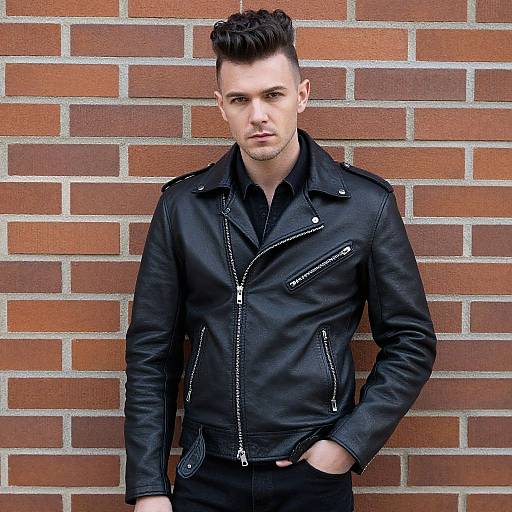Photograph of a pale-skinned, dark-haired man with a styled mohawk, wearing a black leather jacket and black pants, standing against a red