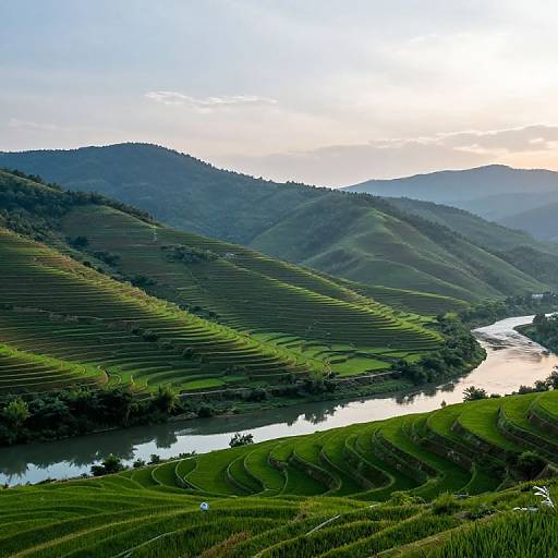 Photograph of lush, green terraced rice fields cascading down rolling hills, with a reflective river snaking through, under a bright, clear sky
