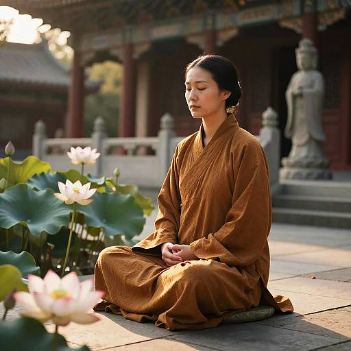 Asian Nun Meditating in Lotus Courtyard