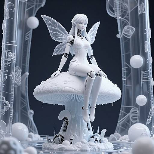 Digital art of a white, robotic fairy with translucent wings, seated on a large, dripping mushroom in a futuristic, blue-toned setting.