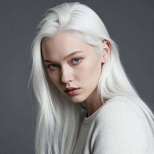 Photograph of a fair-skinned, young woman with long, white hair and blue eyes, wearing a white sweater, against a dark gray background.