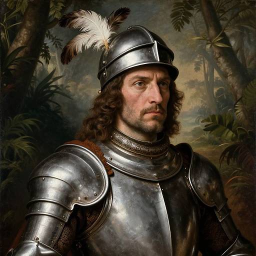 Photorealistic painting of a medieval knight with long brown hair, beard, and feathered helmet, wearing shiny silver armor, set in a lush,
