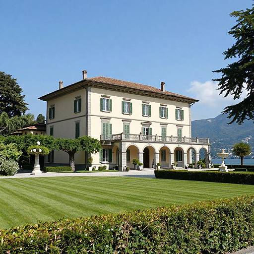 Photograph of a grand, two-story Italian villa with cream-colored walls, green shutters, arched windows, and a terracotta roof,