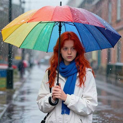 Photograph of a red-haired woman with fair skin holding a colorful rainbow umbrella in a rainy urban street, wearing a white jacket and blue scarf.