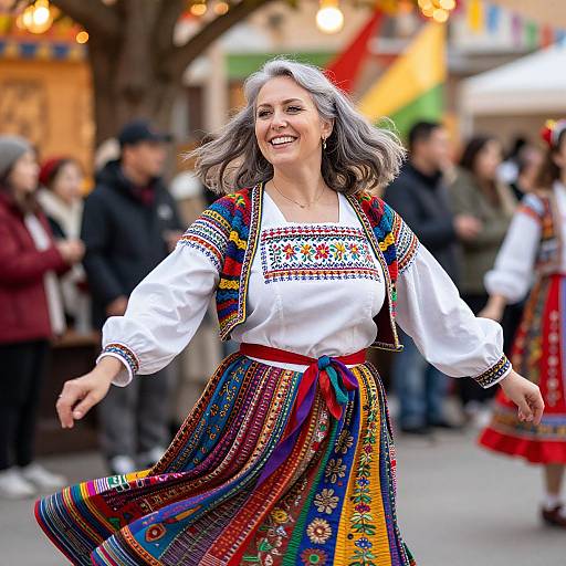 Photograph of a smiling, gray-haired woman in a colorful, embroidered traditional dress, dancing outdoors at a lively festival, with blurred spectators in the background