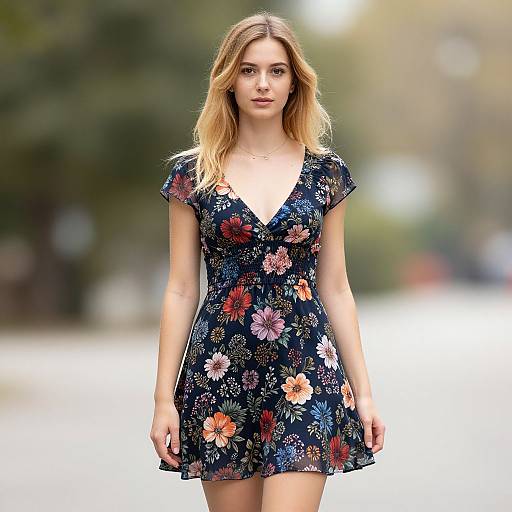 Photograph of a blonde woman with fair skin, wearing a dark floral dress with a V-neck, walking outdoors in a sunlit, blurred background.