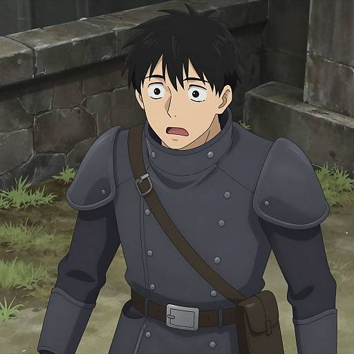Anime-style drawing of a young man with black hair, wide eyes, and surprised expression, wearing dark blue armor and a brown belt, standing in front