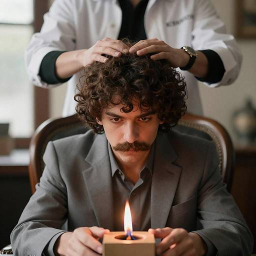 Intense Focus: Man with Mustache and Flame