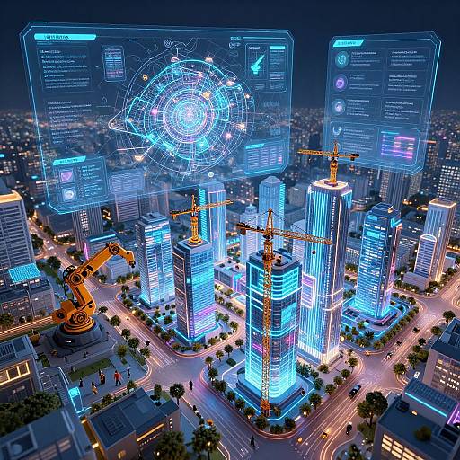 Digital illustration: Futuristic cityscape with glowing blue skyscrapers, holographic data screens, construction cranes, and neon-lit streets under a