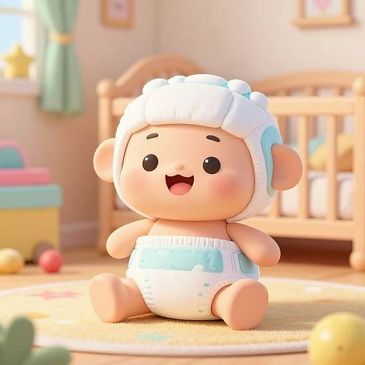 Cute digital 3D baby figurine with white towel, blue diaper, smiling, in sunlit nursery with wooden crib, toys, and soft