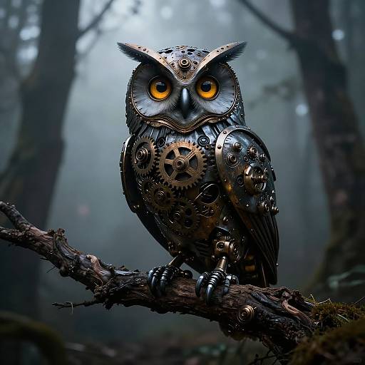 Steampunk Mechanical Owl in Forest