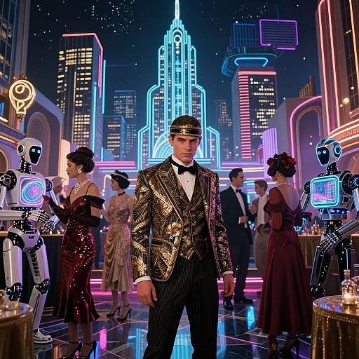Neon-lit retro ballroom with a handsome man in a gold sequin tux, surrounded by elegantly dressed women, robots, and futuristic