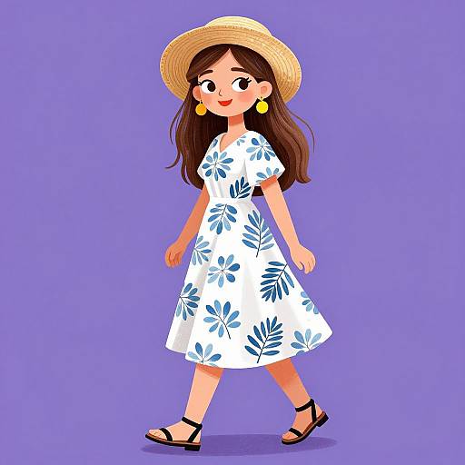 Cartoon-style drawing of a smiling girl with brown hair, wearing a white floral dress, straw hat, yellow earrings, and black sandals, walking against