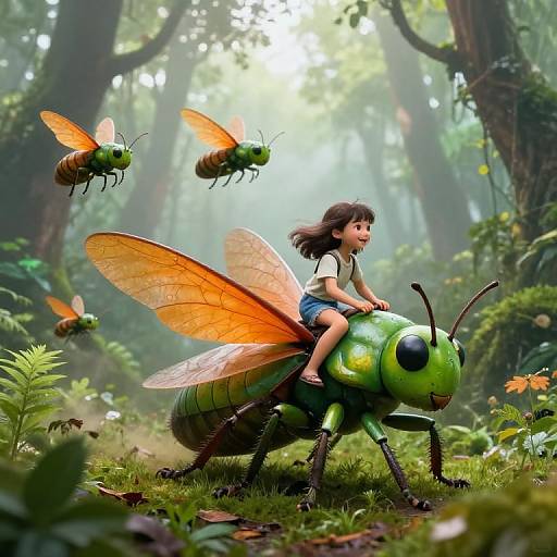 Girl Riding Giant Green Insect