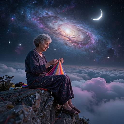 Elderly woman with gray hair, wearing a dark robe, knitting on a rocky ledge under a starry night sky with a crescent moon and