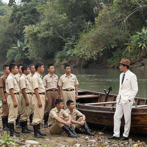 Uniformed Men by River with Man in White Suit