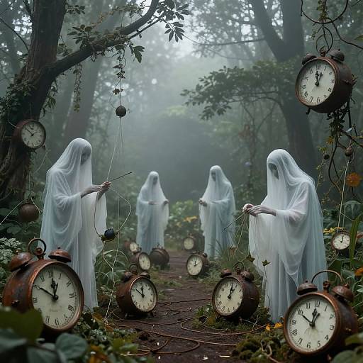 Photograph of four ghostly white figures in misty forest, each holding clock hands, surrounded by large vintage clocks on a path.