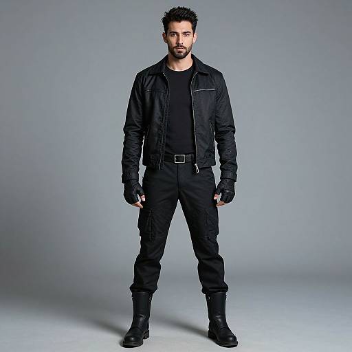 Photograph of a tall, muscular man with dark hair and beard, wearing a black leather jacket, black shirt, pants, gloves, and boots,