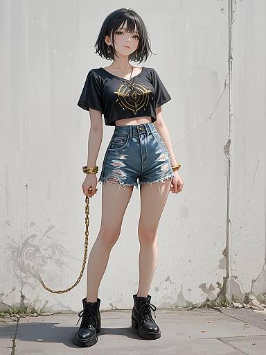 Digital anime-style drawing of a young woman with black bob haircut, black crop top with gold heart, high-waisted denim shorts, black boots,
