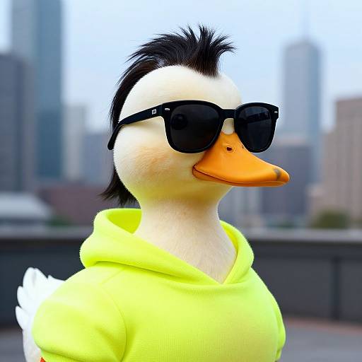 Photorealistic CGI of a duck with black mohawk, black sunglasses, and neon yellow hoodie, set against a blurred urban cityscape.
