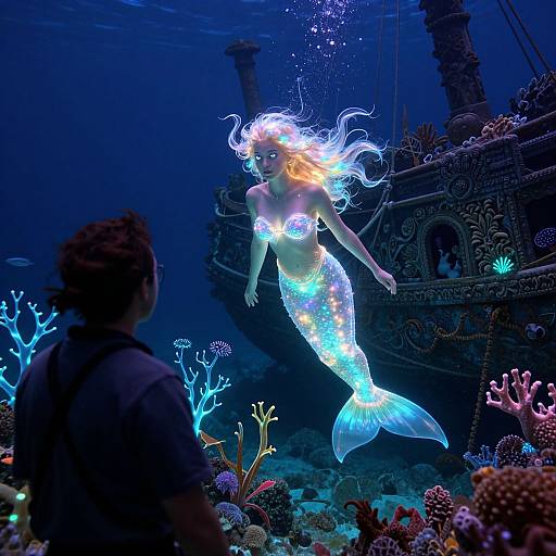 Glowing mermaid with neon lights swims past a dark shipwreck, surrounded by colorful coral, in an underwater photograph.