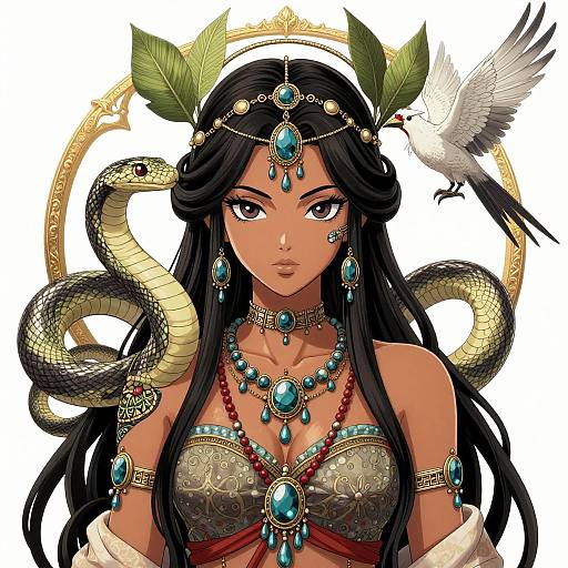Digital illustration of a dark-skinned woman with long black hair, adorned in turquoise jewelry, surrounded by a snake and dove, wearing an ornate gold