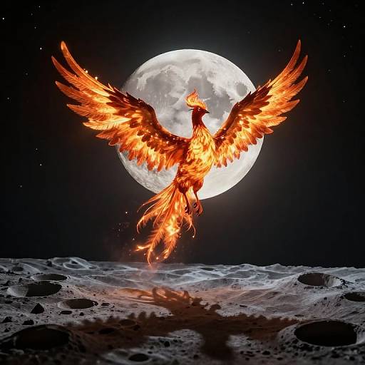 Photograph-style digital art: A fiery phoenix with outstretched wings soars above a moonlit, cratered lunar surface, glowing brightly against the