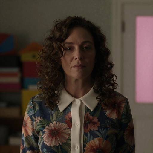 Middle-aged woman in floral top standing indoors
