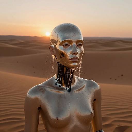 Photorealistic CGI of a metallic, androgynous, topless figure with water droplets, in a desert at sunset, showing a futuristic