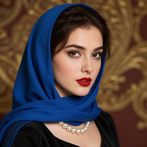 Photograph of a fair-skinned woman with dark hair, wearing a blue hijab, red lipstick, pearl necklace, and black top, against an