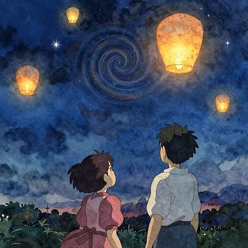 Anime-style drawing of a boy and girl watching glowing orange paper lanterns and a swirling night sky, standing in a dark forest.