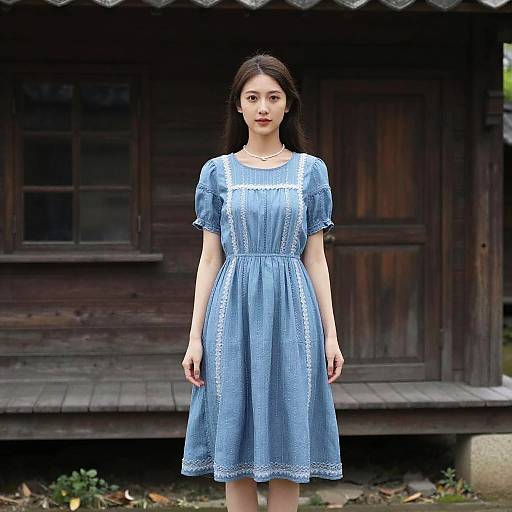 Photograph of an Asian woman with long brown hair, wearing a blue, short-sleeved, embroidered dress, standing in front of a rustic wooden