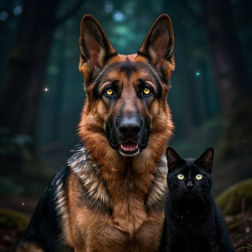 Photorealistic image of a German Shepherd with glowing yellow eyes and a black cat with neon green eyes standing in a dark forest.