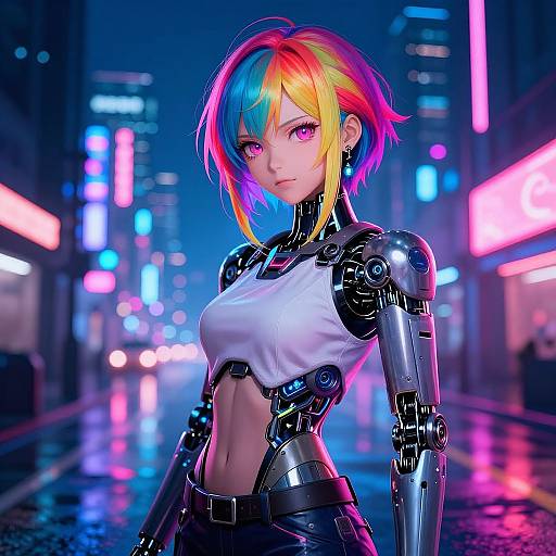 Digital art of a futuristic, neon-lit city: a cybernetic woman with rainbow hair, purple eyes, white crop top, and black armored