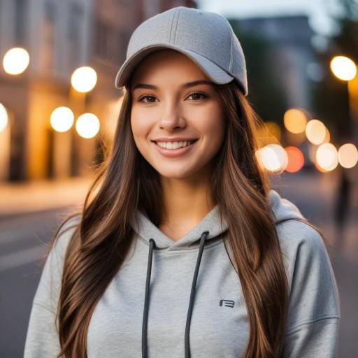 Smiling Young Woman in Gray Hoodie and Cap