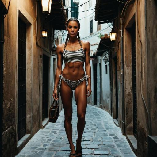 Fit Woman in Striped Bikini in Narrow Alley