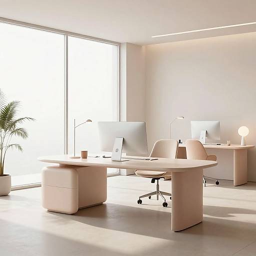 Modern, sunlit office with beige furniture, two desks, two chairs, potted plant, and large windows. Minimalistic and sleek design.