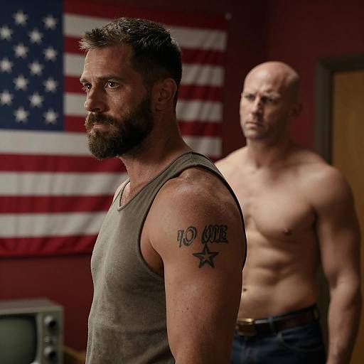 Two Men in Dimly Lit Room with American Flag