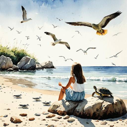 Girl and Turtle Watching Seagulls on Beach