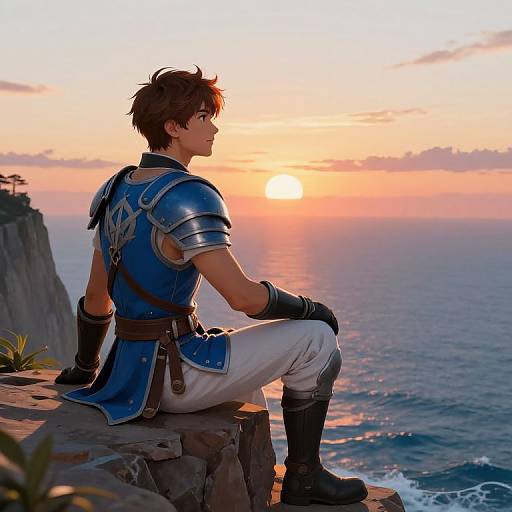 Photograph-style digital art: Young male warrior with brown hair, blue armor, white pants, and black gloves sits on cliff, overlooking sunset over ocean