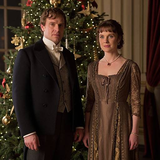 Photograph of a man in a dark suit and bow tie, and a woman in an ornate brown dress, standing in front of a Christmas tree