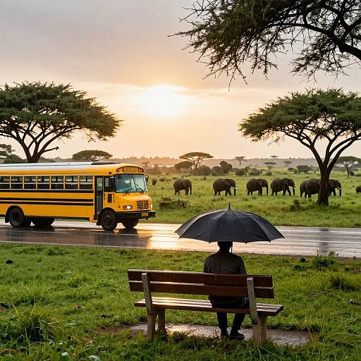 Solitary figure with umbrella near elephants and school bus at sunset