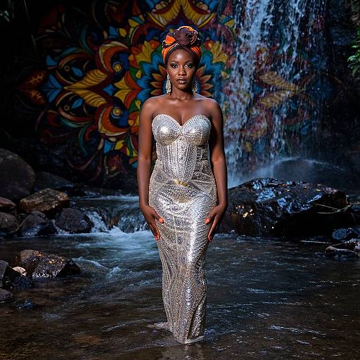 Elegant Woman by Waterfalls with Floral Patterns