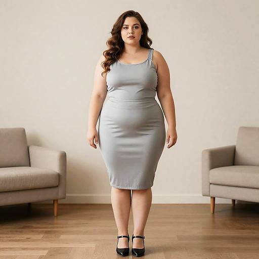 Photograph of a plus-sized woman with long dark curly hair, wearing a gray sleeveless knee-length dress and black heels, standing in a minimalist room