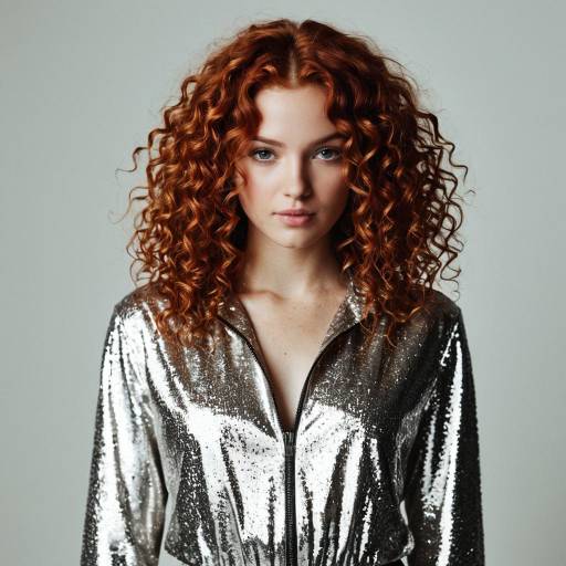 Portrait of Woman with Curly Red Hair in Silver Jumpsuit